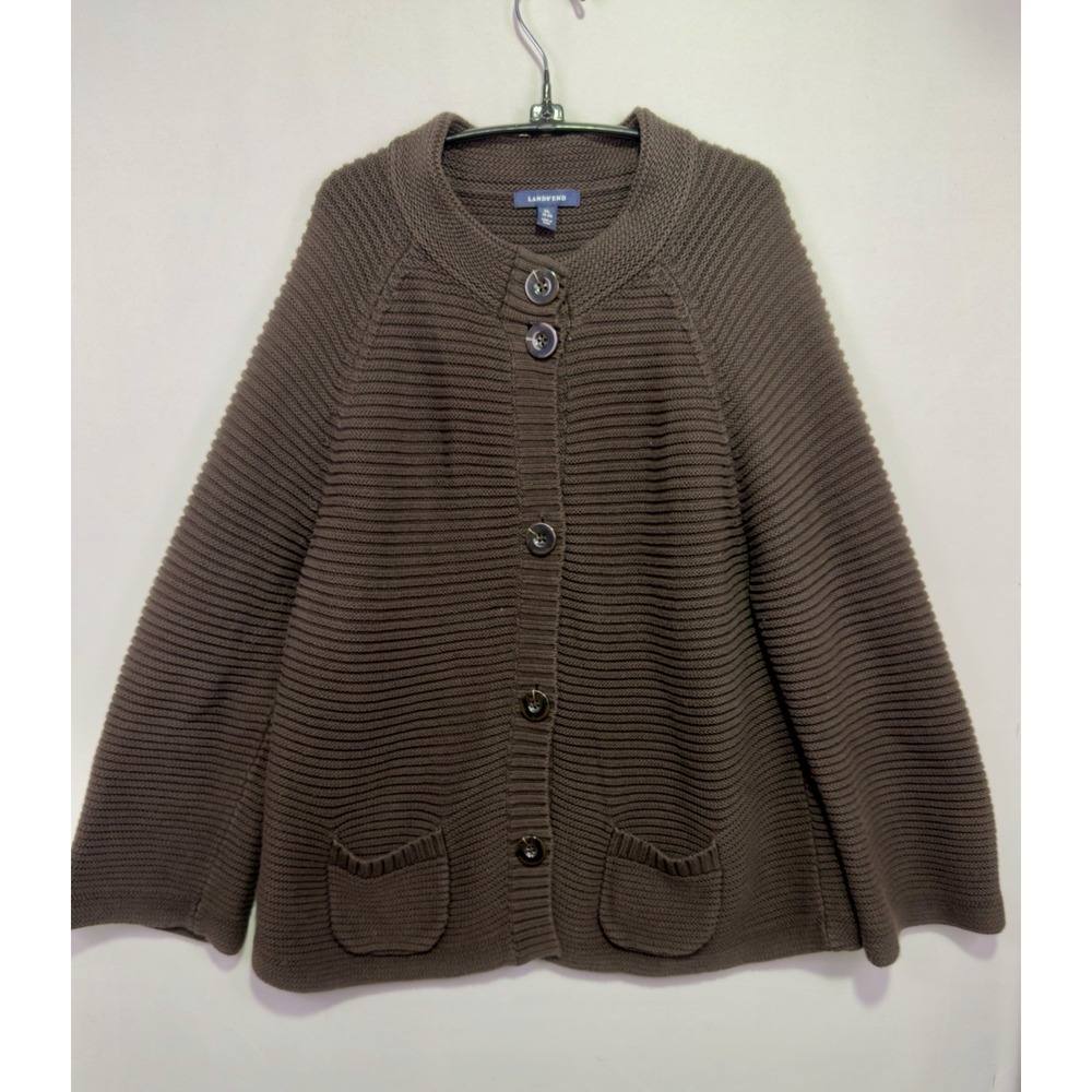 Lands' End Womens XL 18-20 Brown 100% Cotton Chunky Knit Cardigan Sweater Pocket